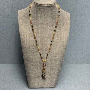 Retro Y-Drop Necklace 18 In Gold Chain Black Purple Faceted Beads Multi Dangles